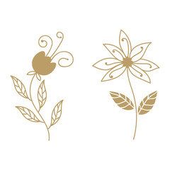 Set of gold curly floral elements, paradise abstract flower element. Design doodle collection. Vector illustration.