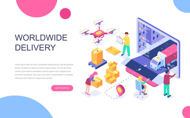 Modern flat design isometric concept of Worldwide Delivery for banner and website. Isometric landing page template. Warehouse, truck, forklift, courier, drone and delivery man. Vector illustration.