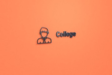 3D illustration of College, dark blue color and dark blue text with light red background.