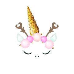 Cute Unicorn with Christmas decoration - pink balls glitter horn and branches like reindeer horn