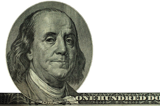 A portrait of Franklin with a 100 dollar bill. Isolate on white background. Blank template of Franklin portrait.