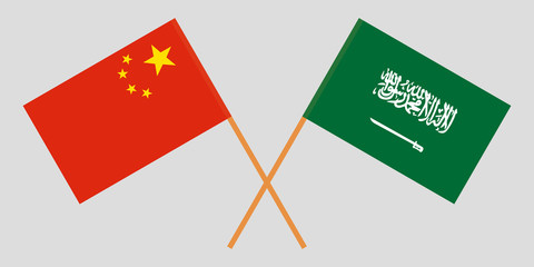 Kingdom of Saudi Arabia and China. The KSA and Chinese flags. Official proportion. Correct colors. Vector