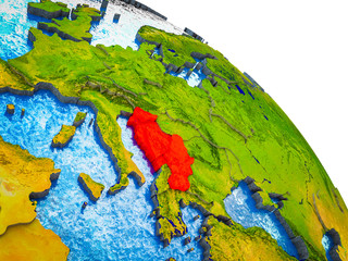 Former Yugoslavia Highlighted on 3D Earth model with water and visible country borders.