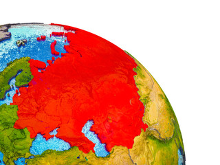 Former Soviet Union Highlighted on 3D Earth model with water and visible country borders.