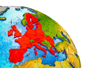European Union Highlighted on 3D Earth model with water and visible country borders.