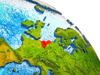 Benelux Union Highlighted on 3D Earth model with water and visible country borders.