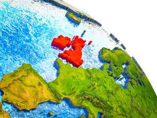 British Isles Highlighted on 3D Earth model with water and visible country borders.