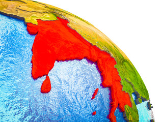 BIMSTEC memeber states Highlighted on 3D Earth model with water and visible country borders.