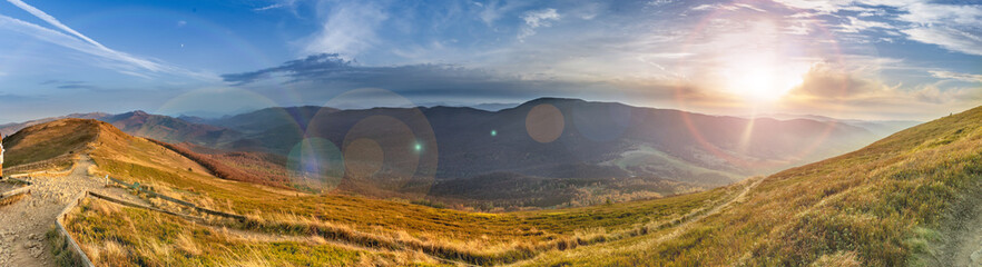 Fototapeta premium Sunset in the autumn in the mountains. Bieszczady National Park - Caryńska meadow - Poland.