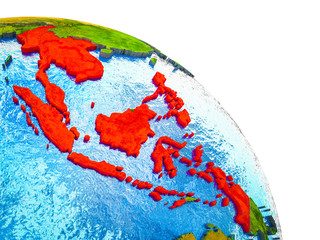 ASEAN memeber states Highlighted on 3D Earth model with water and visible country borders.