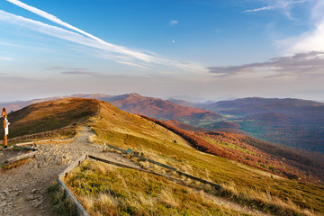 Obraz premium Sunset in the autumn in the mountains. Bieszczady National Park - Caryńska meadow - Poland.