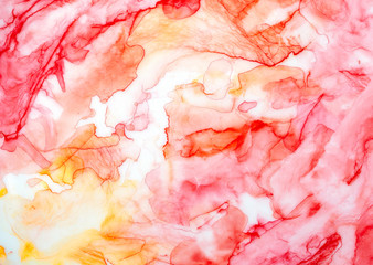Decorative bright red watercolor backdrop with shapeless chaotic brush strokes, splotches, flash marks, wave texture, artistic drops and scratches. Hand drawn water colour graphic painting, close up.