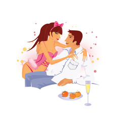  The girl in pink underwear sits on the lap of a young man.  Fruits and wine on the table. Isolated on white background