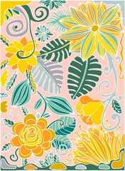 Foto op Plexiglas anti-reflex Colorful hand drawn postcard with tropic flowers, jungle, palm leaves, tropical garden. Vector illustration. © _aine_