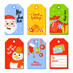 Set of Christmas and New Year greeting cards. Label tag set. Vector illustration.