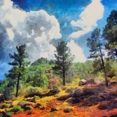 Hand drawing watercolor art on canvas. Artistic big print. Original modern painting. Acrylic dry brush background. Beautiful summer mountain landscape. Bright blue sky. Green trees. White clouds   