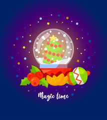Magic time. Christmas vector illustration with Snow Globe. Cartoon style