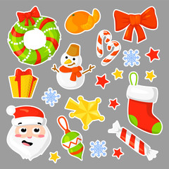 Christmas stickers Set Collection Vector. cartoon. New year traditional symbols. icons objects. Isolated