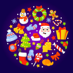 Vector cartoon illustration with winter background. Cartoon cute christmas objects. Vector background for your holidays design.