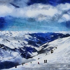 Hand drawing watercolor art on canvas. Artistic big print. Original modern painting. Acrylic dry brush background. Vintage mountain snow landscape. Active travel. Tourism location. Skiing resort © Pavel