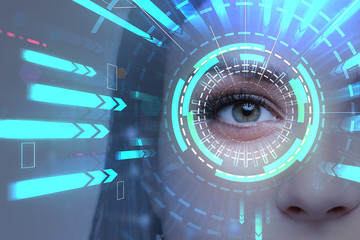 Woman face, bright blue hud