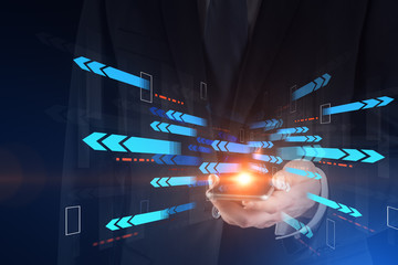 Man with smartphone, arrows