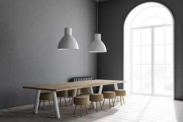 Gray dining room corner, long table