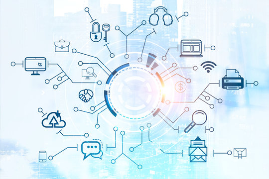 Business icons in city, hud