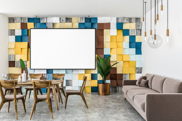 Colorful dining room interior with sofa, poster