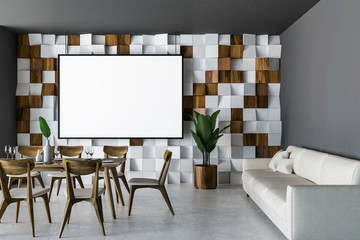 Wooden tile dining room interior, sofa, poster