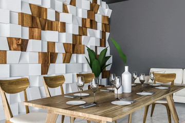 Wooden tile dining room interior, table