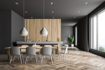 Gray and wooden dining room interior