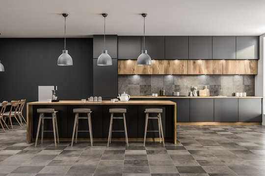 Gray kitchen with bar