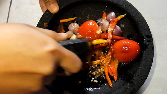 chili, chili, onion, tomato, salt, sugar are flavorings called sambal in East Kalimantan. Tenggarong, October 2018 Indonesia.