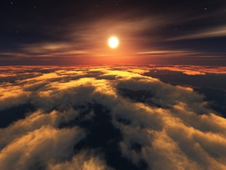 Above the clouds, a panorama of the sky from above,
