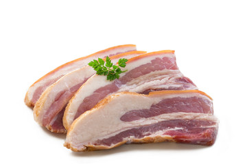Smoked Sliced Bacon On White Background ready for cooking