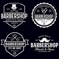 Set of vintage barbershop labels. Templates for the design of logos and emblems. Collection of barbershop - symbols razor, pole, scissors.
