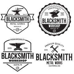 Blacksmith labels set. Design elements for metalworks service emblems, badges, logos. Monochrome seal collection.