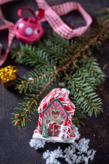 Christmas composition on dark vintage background.