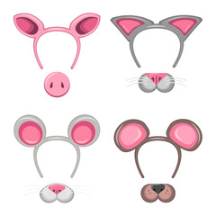 set of animal masks with head hoops. a collection of ears and nose of a bear, a mouse, a pig and a cat