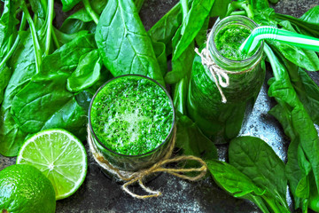 Bright green spinach smoothies. Healthy green detox drink. Spinach Smoothie with Lime.