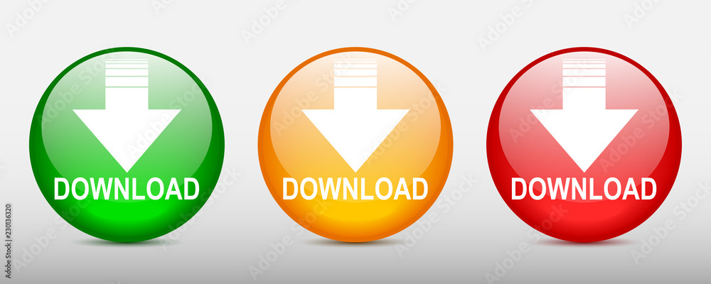 Aufkleber three download button illustration with down arrow icon isolated. load symbol. flat design – stock v