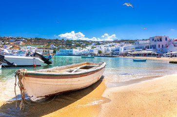 Fototapeta na wymiar Mykonos port with boats, Cyclades islands, Greece