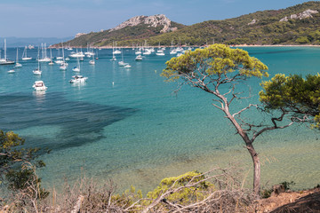 Beautiful bay with yachts in Porquerolles, the island in southern France. Holidays in France.