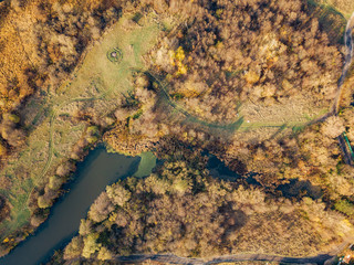 Top view from drone of colorful autumn trees and small lake