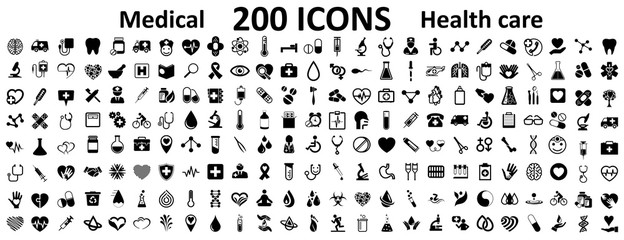 Set 200 Medecine and Health flat icons. Collection health care medical sign icons – for stock - obrazy, fototapety, plakaty