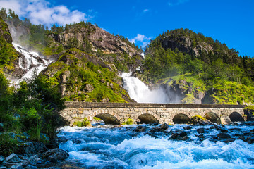 Beautiful Latefossen (Latefoss) - one of the biggest waterfalls in Norway, Scandinavia, Europe. Artistic picture. Beauty world