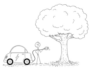 Cartoon stick drawing conceptual illustration of man who wants to charge his electric car in nature, but there is no charging station.