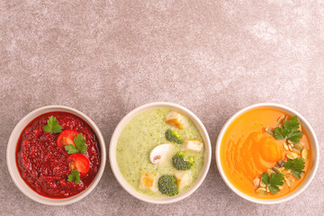 Variety of colorful tasty vegetables cream soups and fresh ingredients