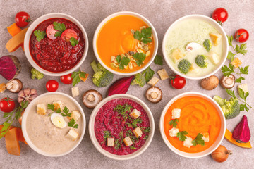 Variety of colorful tasty vegetables cream soups and fresh ingredients